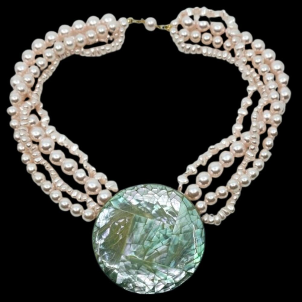 VINTAGE FAUX PINK PEARL CARVED ABALONE PENDANT FOUR STRAND STATEMENT NECKLACE